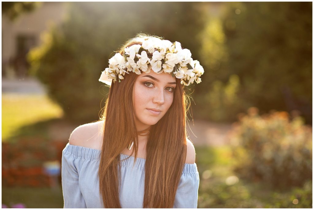 senior with flower crown