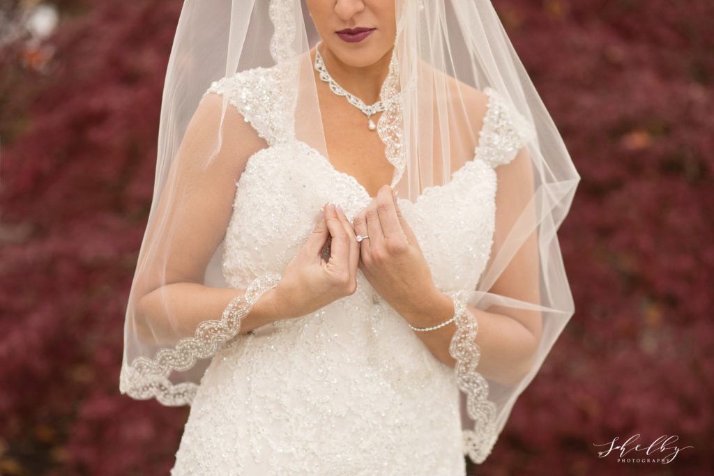 detail shot of wedding gown and veil